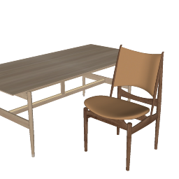 Holztisch mit braunem Stuhl skp
