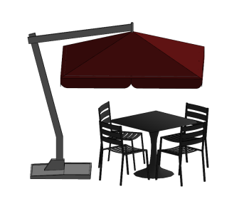 Dark coffee table and 4 chairs and red umbrella sketchup