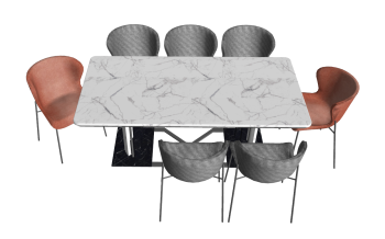 White marble table with 5 gray chairs and 2 brown chairs sketchup