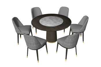 Wooden circle table with marble center and 6 gray chairs sketchup
