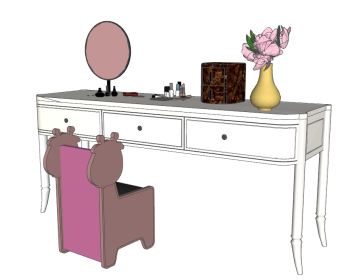 White wooden table with 3 drawers and pink chair sketchup