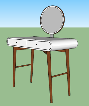 White make-up table with brown wooden leg and circle mirror sketchup