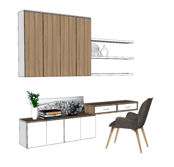 Wooden table and wall cabinet and shelf sketchup