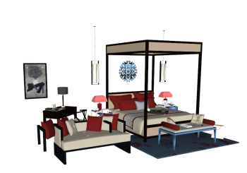 Bedroom design with red pillow sketchup