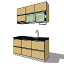 diseño de cocina con gabinete de MDF marrón y encimera de mármol oscuro, encimera de cocina, fregadero y horno a gas skp