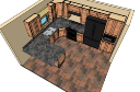 Küchendesign mit hellbraunem Schrank und dunkler Marmorplatte unter dem Schrank, dunkler Kühlschrank skp