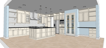 Дизайн кухни с молочно-белым шкафом и холодильником для напитков скп