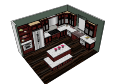 厨房设计，带红色木柜和白色大理石柜台面skp