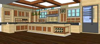 kitchen design with wine cabinet and green decortive ceiling light skp