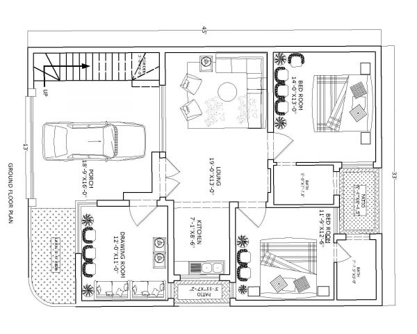 Autocadバージョン2017で利用可能な寸法33'x45 'のこの住宅計画をダウンロードしてください。