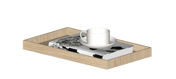 A cup of tea with book and wooden tray skp