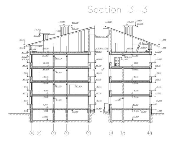 Administrative Multi-Story building Section- 3-3 Architectural Drawing. CAD block in DWG format free download.