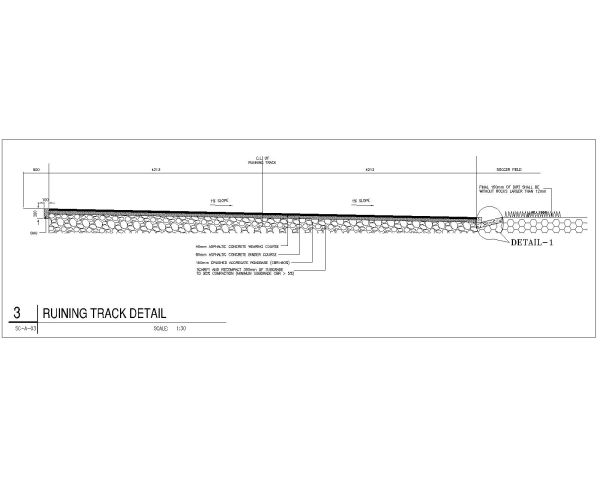 SOCCER FIELD RUINING TRACK DETAIL DRAWING. CAD block in DWG format free download.