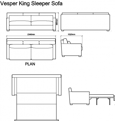 AutoCAD download Vesper King Sleeper Sofa DWG Drawing