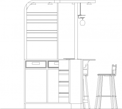 1918mm Wide Mini Bar Counter Shelves with Bar Stools and Wine Glass Holder Rear Elevation dwg