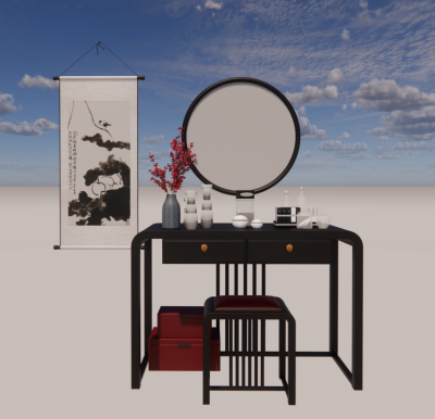 Chinese makeup table with circle mirror and hanging picture revit