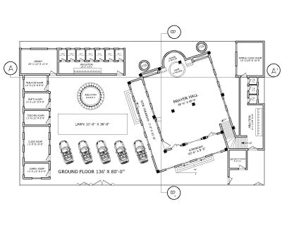Descargue este plan de mezquita de dimensión 140'x115 'disponible en Autocad versión 2017.