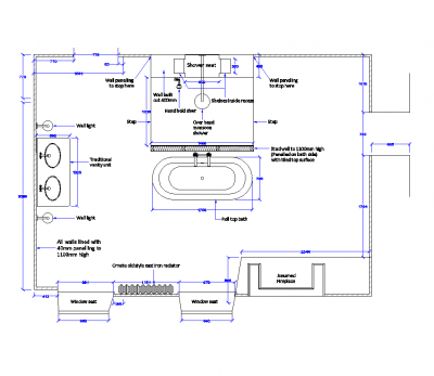 Plano de design do layout do banheiro dwg