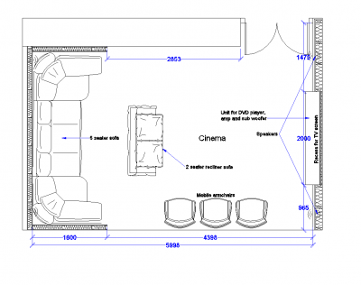 Basement cinema design CAD drawing