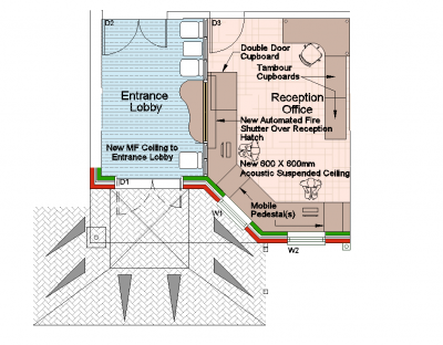 Diseño de recepción y área de lobby.