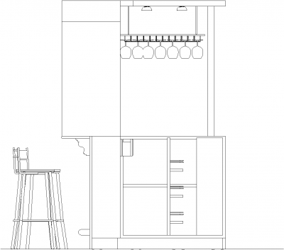 1879mm Wide Mini Bar Counter with Bar Stools and Wine Glass Shelves Right Side Elevation dwg Drawing