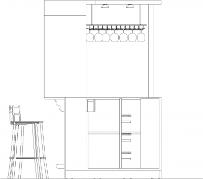 1908mm Wide Mini Bar Counter Shelves with Bar Stools and Wine Glass Holder Right Side Elevation dwg Drawing
