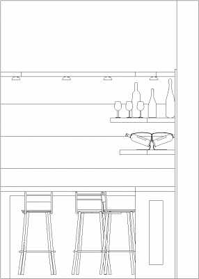 2160mm Wide Mini Bar Counter with Three Bar Stool and Shelves Right Side Elevation dwg Drawing