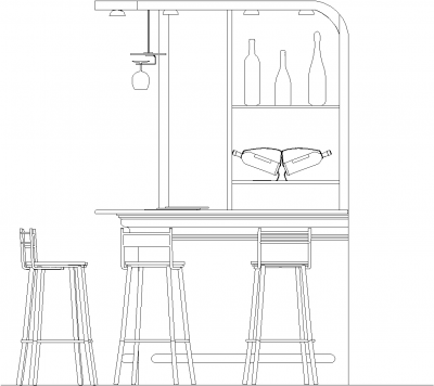 2196mm Height Mini Bar Counter Shelves with Bar Stools and Wine Glass Holder Front Elevation dwg Drawing
