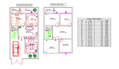 House Plan View along with table of Doors & Window dwg drawing