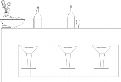 2599mm Wide Mini Bar Counter with Two Bar Stools Right Side Elevation dwg Drawing