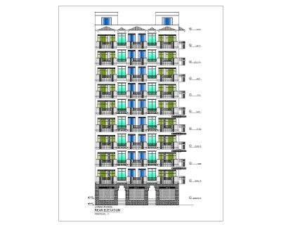 Asian Style 2D Elevations (Multistoried Commercial Building) International Standard Type 1-2 .dwg