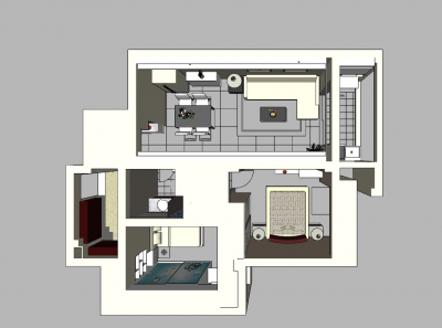 マスターベッドルーム1室、子供部屋1室、リビングルームとキッチン1室、トイレskp1室のアパートメントデザイン