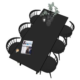Dunkler rechteckiger Esstisch mit 6 dunklen Stühlen skp
