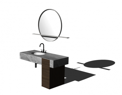 Pia de banheiro em mármore cinza com pés de madeira e espelho circular skp