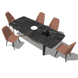 Mesas de comedor rectangulares de mármol oscuro con 5 sillas marrón tierra skp