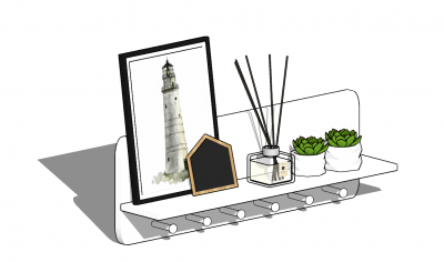 White wooden shelf with decoration(Lighthouse picture+scented candles+vase) skp