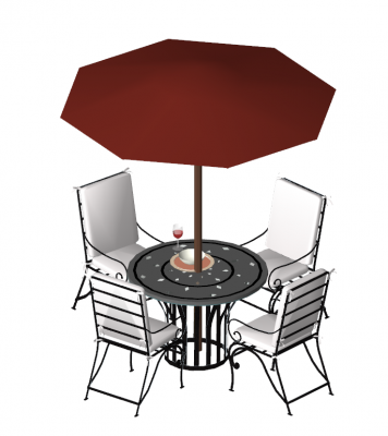 Gray metal coffee table with 4 chairs and umbrella sketch