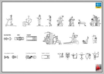 LARGE LIBRARY OF GYM EQUIPMENT, MACHINES AUTOCAD-2D