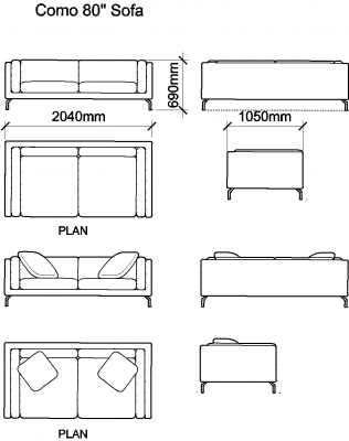 AutoCAD download Como 80inches Sofa DWG Drawing