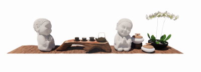 Staue and drinking tea pot with Orchid vase on rattan mat revit family