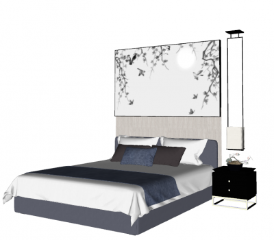 Navy bed with tree on bed table sketchup