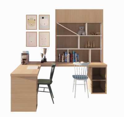 L-shape desk with 2 chairs and decoration bookshelf revit family