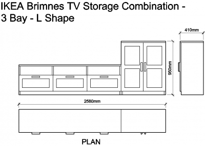 AutoCAD download IKEA Brimnes TV Combination - 3 Bay - L Shape DWG Drawing