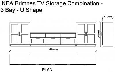 AutoCAD download IKEA Brimnes TV Storage Combination - 3 Bay - U Shape DWG Drawing