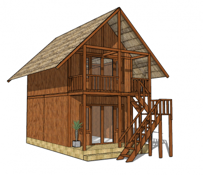 Bungalow with straw roof and 2 floor sketchup model