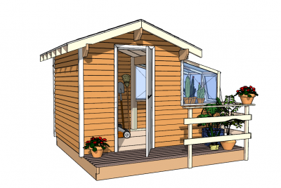 Wooden bungalow with plants and flower pots sketchup model