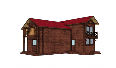 Wooden 2 floor house with red roof sketchup model