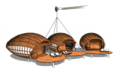 3 wooden bungalows bee shape sketchup model